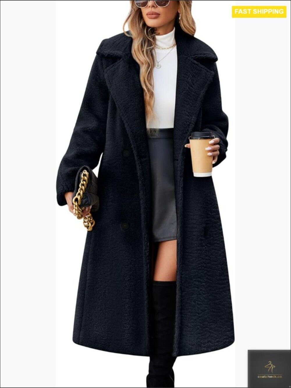 Oversized Faux Fur Pea Coat Double-Breasted Lapel Winter Overcoat Chic